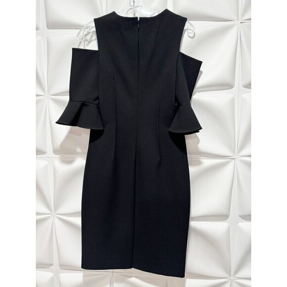 Rickie Freeman Teri Jon Sz 4 Black Cold Shoulder Ruffle Sleeve Sheath Midi Dress - Picture 3 of 6